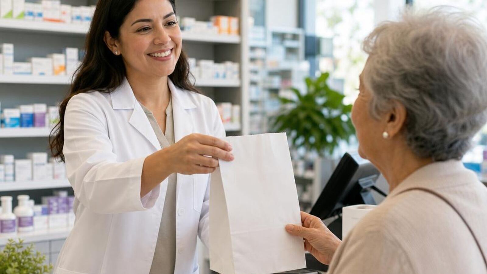 Pharmacist handing a prescription bag to a patient at the pharmacy counter