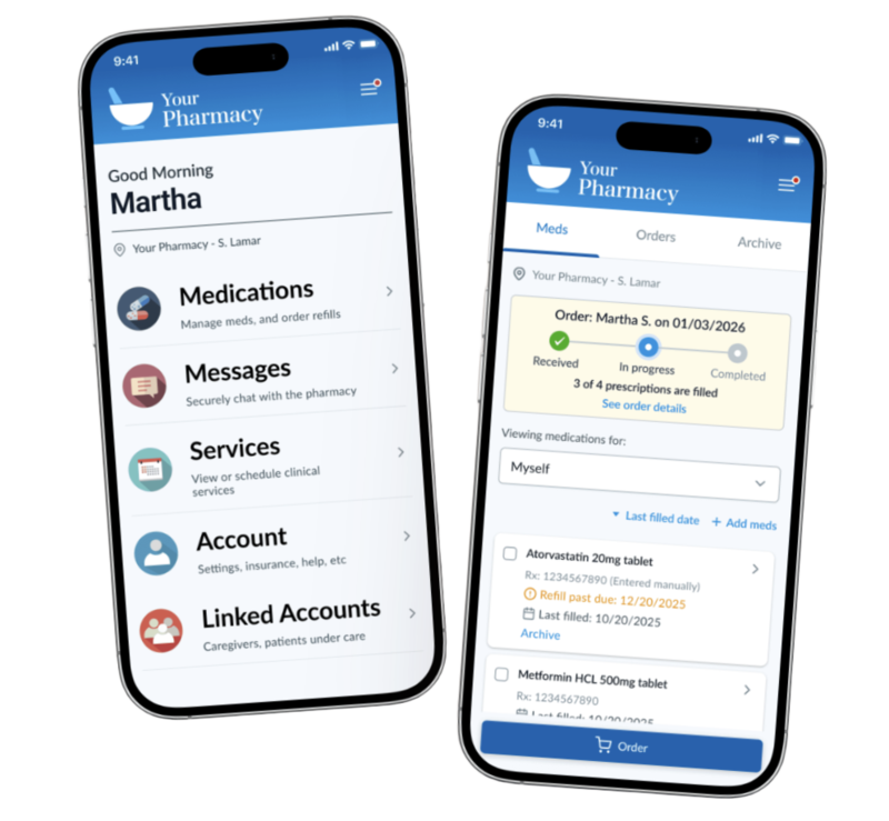 Two smartphone screens showing the patient portal home screen and medication list